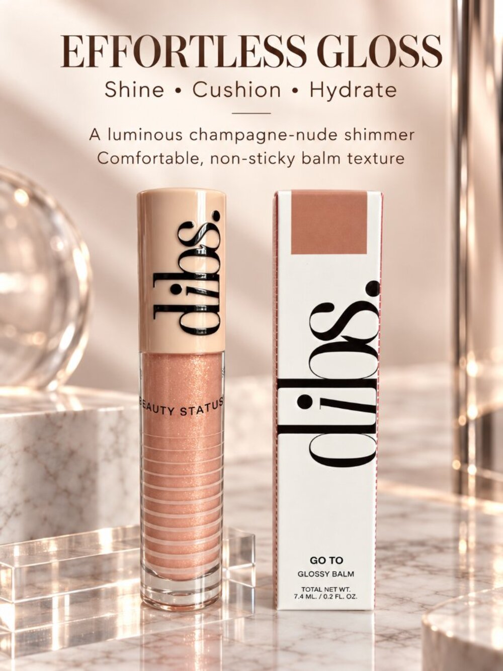 DIBS Beauty Go To Glossy Balm Champagne Nude Shimmer 0.2 oz NIB